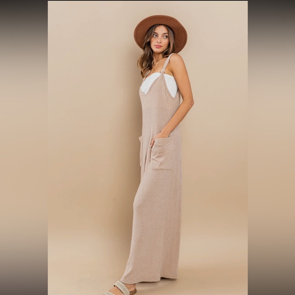 Brushed Ribbed Knit Knot Strap Wide Leg Jumpsuit - Picture 4 of 5